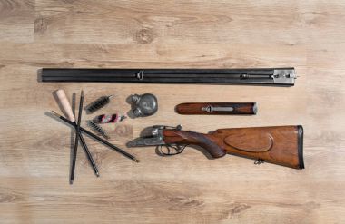 Demonte, eski double-barreled tüfek, silah temizleme seti, oiler, Barut çubuğu