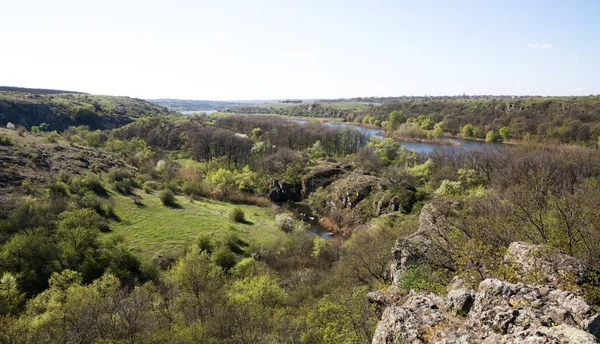 Groene bomen op de heuvels, rotsen en de rivier leidt tot de horizon, kleine kreek — Stockfoto