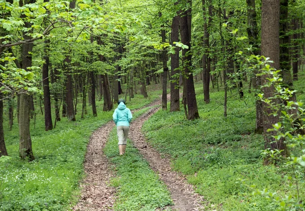 Femme en bottes en caoutchouc et chapeau vert marche sur la route dans la forêt caduque verte — Photo