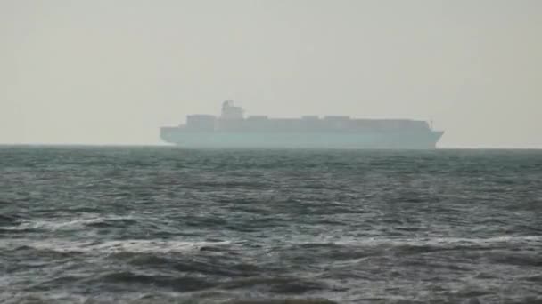Närbild Lastfartyg Vid Horisonten Vågor Och Måsar Förgrunden — Stockvideo