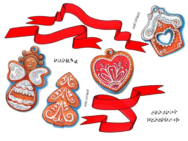 Elementi e biscotti di decorazione invernale, disegnati a mano — Foto Stock
