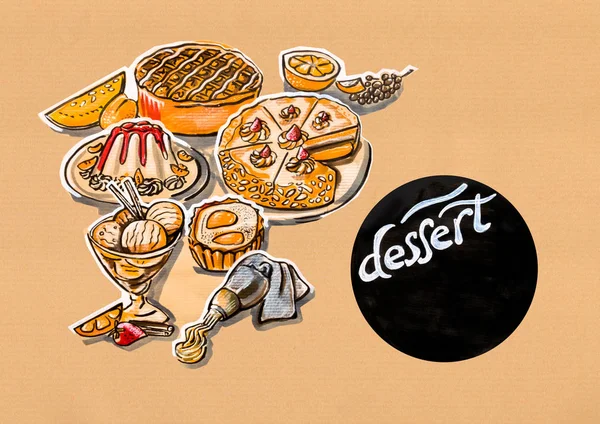 kitchen illustration of menu of desserts