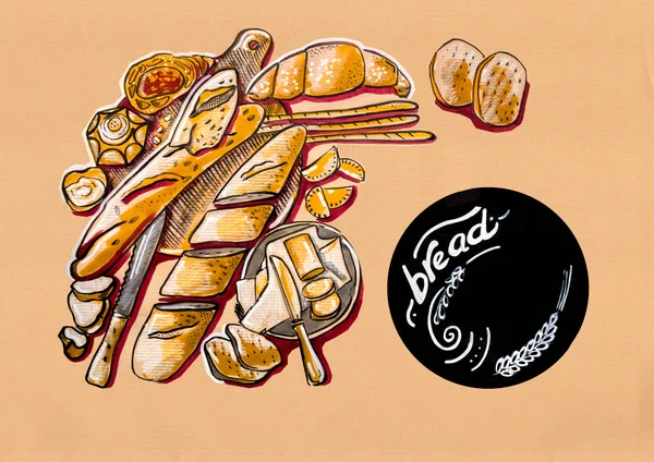 kitchen illustration of menu of bread products