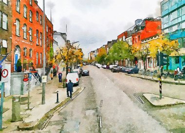 Cork 'taki alışveriş merkezi ve caddeler suluboya tarzında.