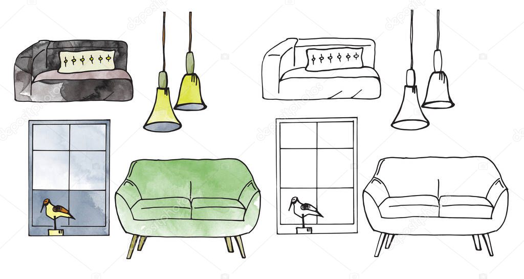 interior furniture by pen and watercolor