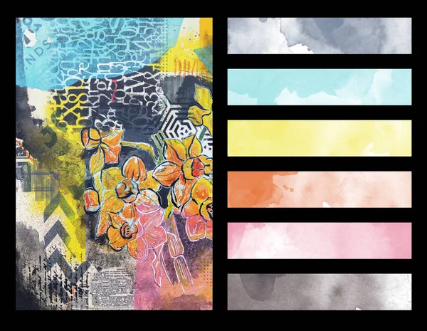 Abstrakt Blommig Målning Med Konstnärlig Färg Palett Guide För Semi — Stockfoto
