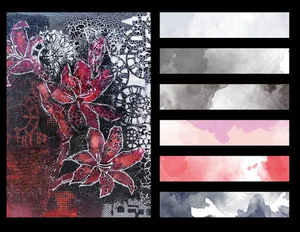 带有艺术色彩调色板指南的植物绘画 用于混合媒体风格的半抽象艺术 — 图库照片