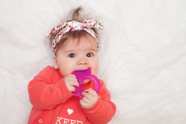 5 maanden oude mooie baby portret op wit met Bijtring speelgoed — Stockfoto