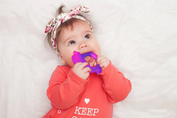 5 meses de idade lindo bebê retrato no branco com brinquedo teether — Fotografia de Stock