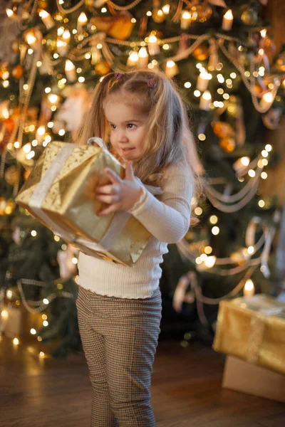 可爱的小女孩带着巨大的圣诞礼物 — 图库照片