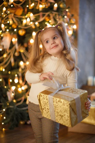 Милая Маленькая Девочка Большим Подарком Рождество — стоковое фото