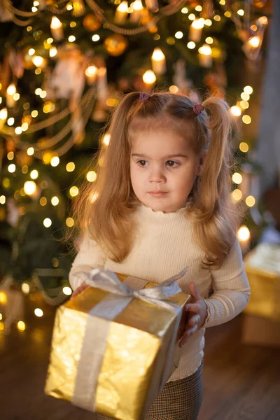 Petite Fille Mignonne Avec Grand Cadeau Noël — Photo