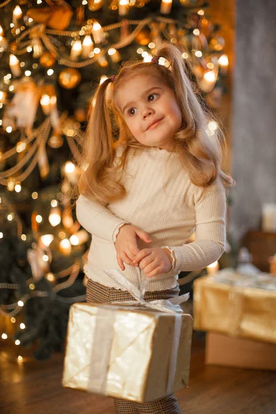 Carino Bambina Con Grande Regalo Natale — Foto Stock