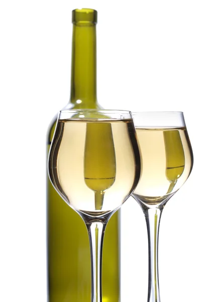 Green bottles glasses on white — Stock Photo, Image
