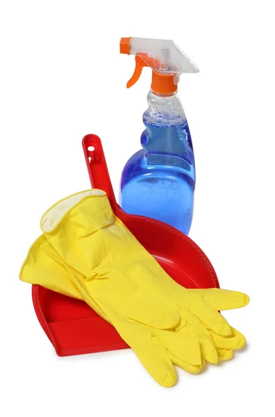 Yellow gloves and bottle — Stock Photo, Image