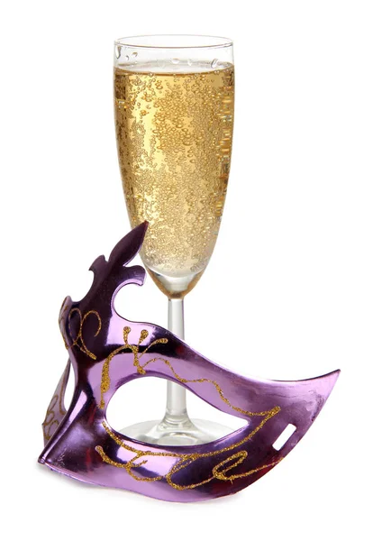 Champagne en masker op wit — Stockfoto