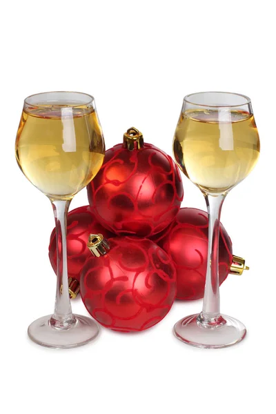 Christmas ballc and wineglasses one — Stock Photo, Image