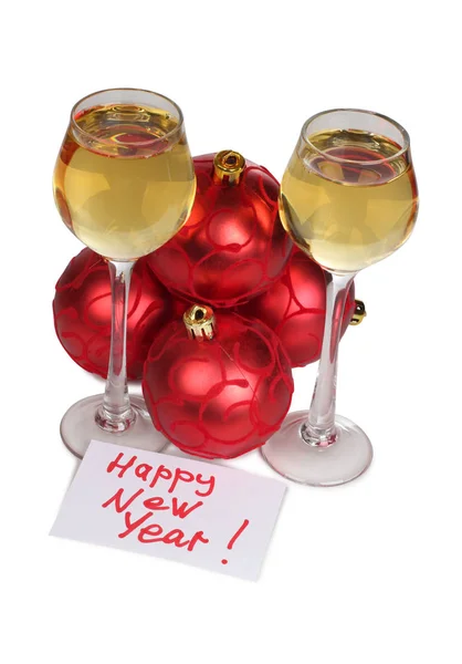 Christmas ballc and wineglasses seven — Stock Photo, Image