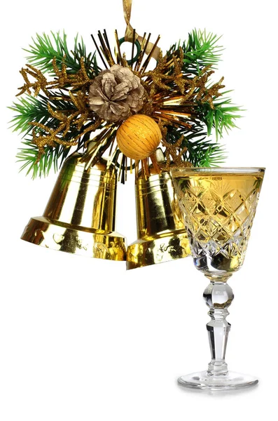 Christmas bell and wineglasses one — Stock Photo, Image