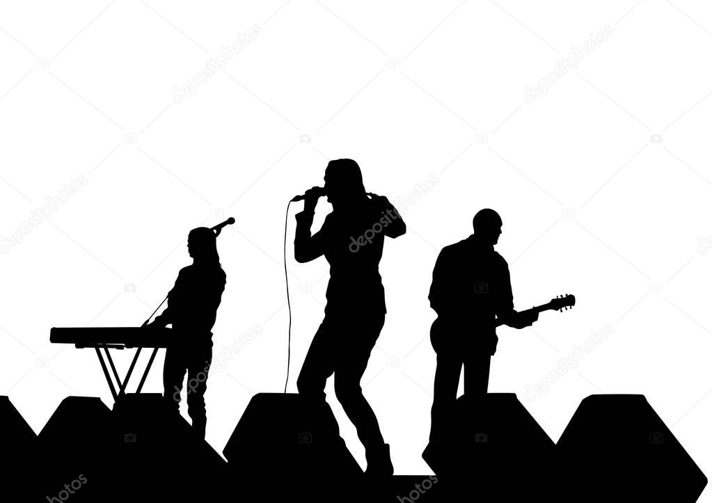 Musical group in concert on stage on white background