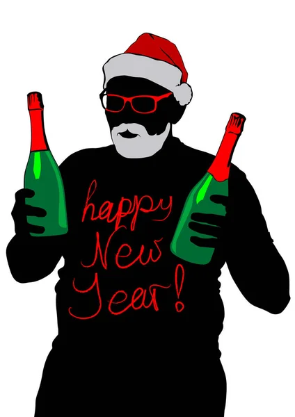 Père Noël Avec Des Bouteilles Champagne Sur Fond Blanc — Image vectorielle