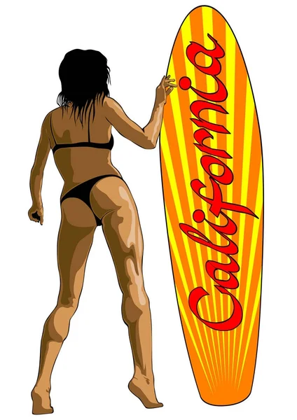 Denizde Sörf Tahtası Ile Bikinili Kadın — Stok Vektör