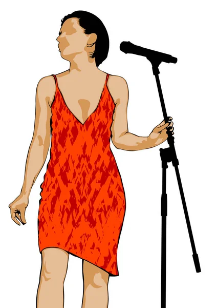 Jeune Chanteuse Robe Avec Microphone Sur Fond Blanc — Image vectorielle