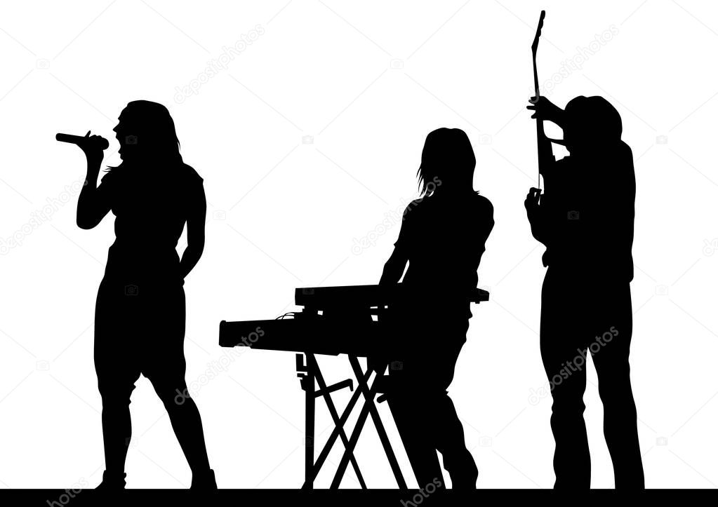 Musical group in concert on stage on white background