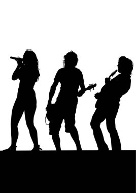 Beyaz zemin üzerine sahnede konser müzik grubu insanlar