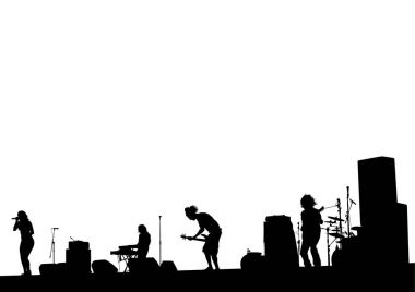 Beyaz zemin üzerine sahnede konser müzik grubu insanlar