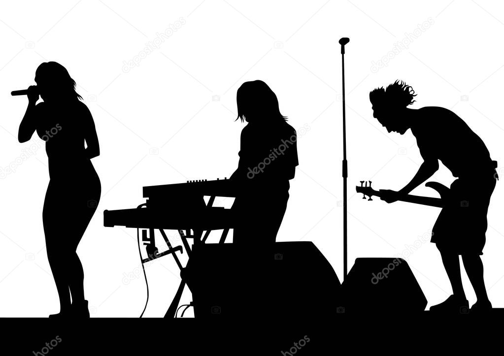 Musical group people in concert on stage on white background