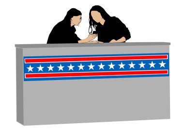 Resepsiyon Masası beyaz arka plan üzerinde arkasında güzel kızlar