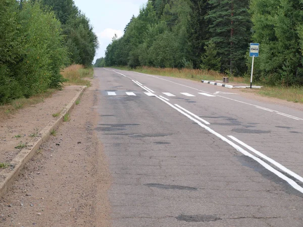 Cesta Přes Les Autobusová Zastávka Venkově — Stock fotografie