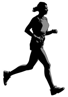 Sporcu kadın sportif bir üniforma içinde beyaz bir arka plan üzerinde maraton