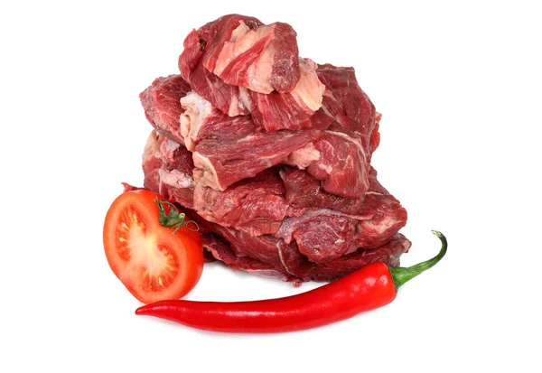 Carne Crua Fresca Pimenta Fundo Branco — Fotografia de Stock