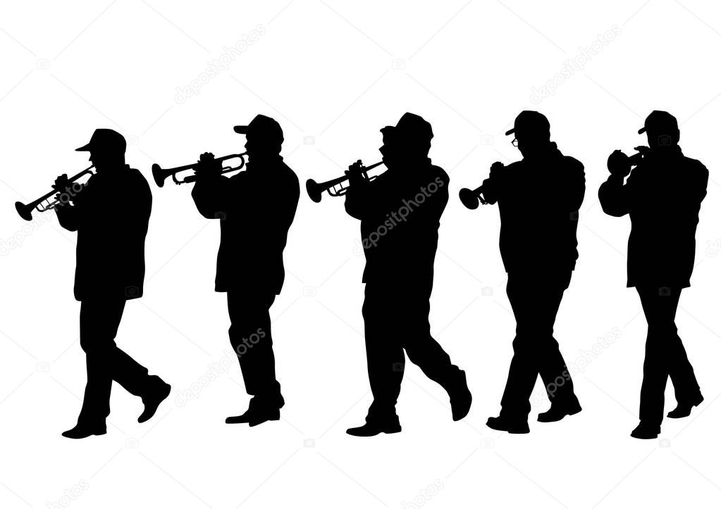 Military musicians on parade on white background