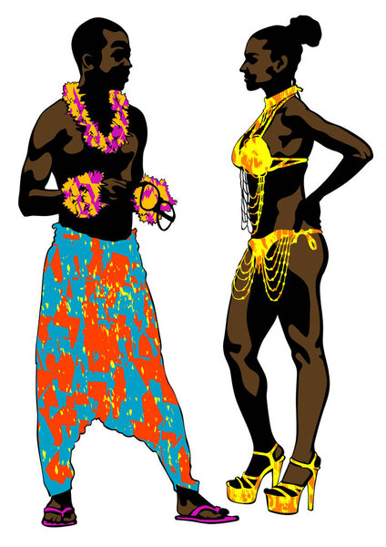 Африканский мужчина и женщина в национальной одежде на белом фоне
