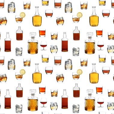 Şişe ve viski bardaklarıyla kusursuz desen. Beyaz arkaplanda izole