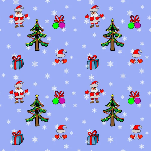 Seamless Pattern Christmas Theme Santa Claus Christmas Tree Gifts Blue — Stock Photo, Image