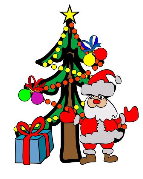 サンタクロース クリスマスツリーとボールと白い背景に贈り物 — ストックベクタ