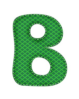 B harfi İngiliz alfabesi. Çok renkli dokuma kumaşlarından dikilmiş paçavralar. Beyaz arkaplanda izole nesneler