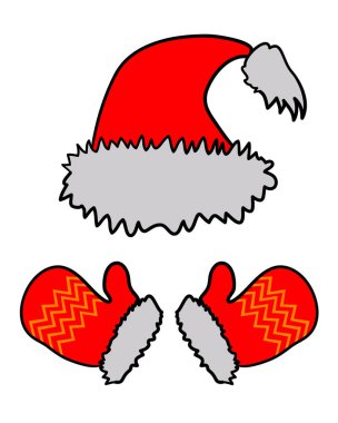Kırmızı eldivenler ve beyaz arka planda Noel Baba için şapka.