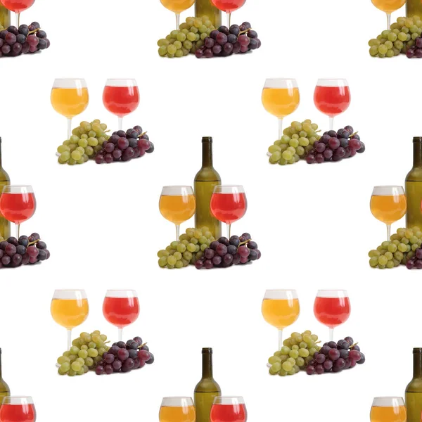 Seamless pattern with wine glasses and grapes on a white background