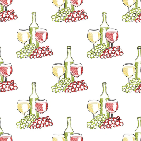Seamless pattern of drawing wine bottles and grapes on a white background