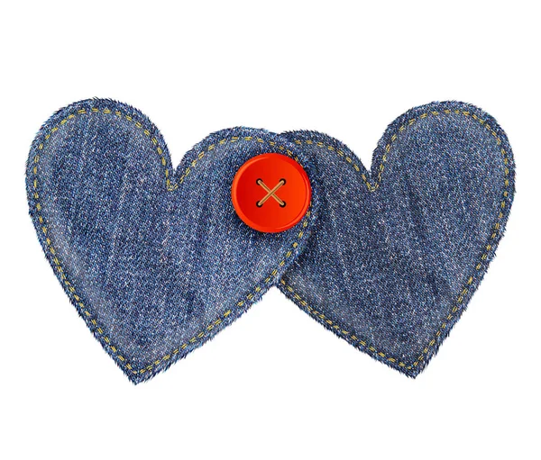 Zwei Herzen Aus Jeans Die Durch Einen Roten Knopf Verbunden — Stockfoto