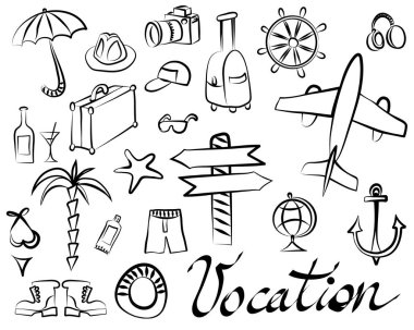 Beyaz bir zemin üzerinde eğlence ve turizm amaçlı şeylerin şematik çizimleri