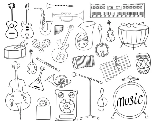 Primitieve Tekeningen Van Muziekinstrumenten Geïsoleerde Objecten Een Witte Achtergrond — Stockvector