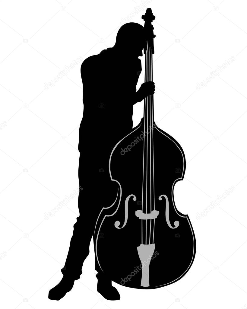 Jazz musician with double bass. Isolated silhouette on a white background