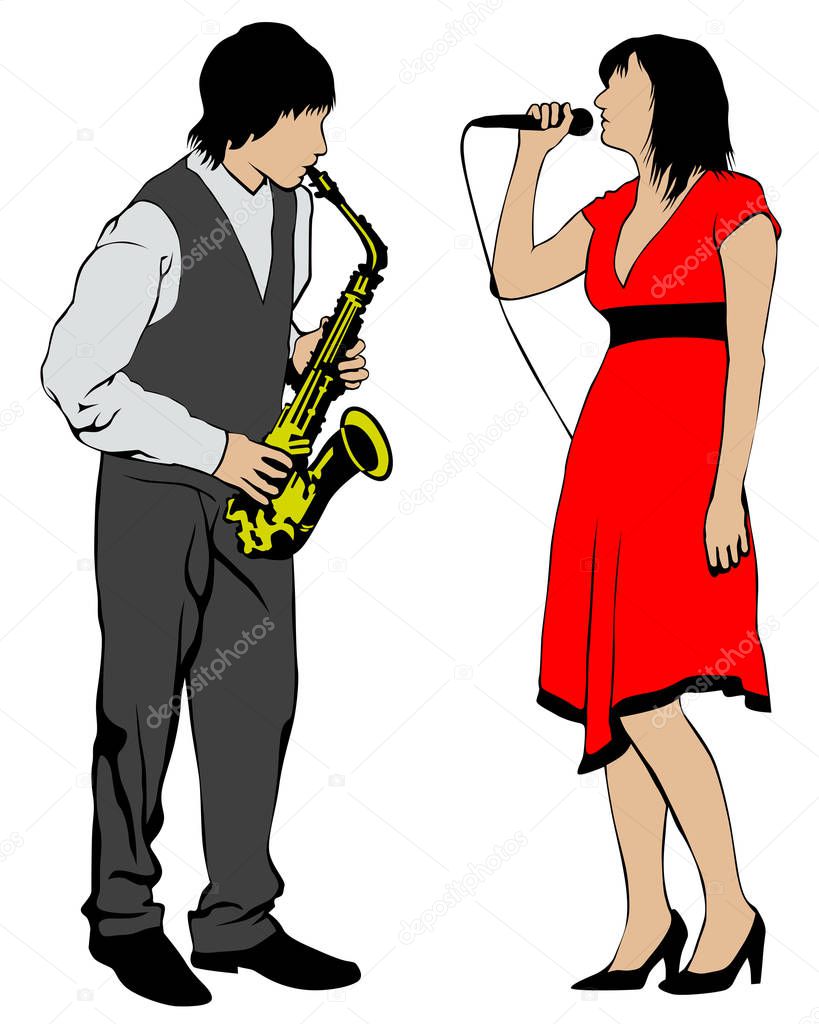 Man with saxophone and woman with microphone at concert. Isolated silhouettes of musicians on white background
