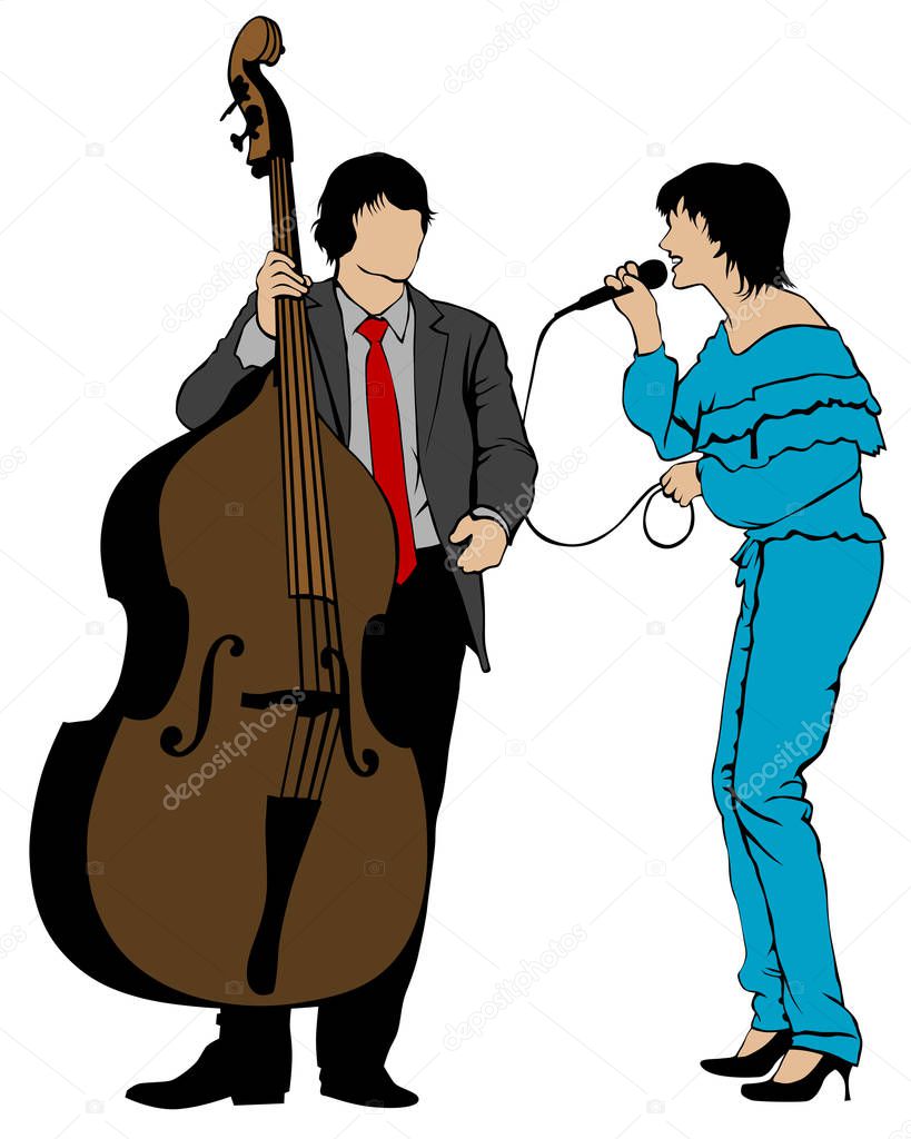 Man with double bass and woman with microphone at concert. Isolated silhouettes of musicians on white background